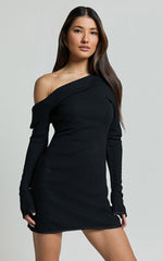Danielle Mini Dress - Off Shoulder Long Sleeve Fitted Dress in Black