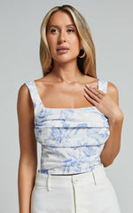 Dresden Top - Square Neck Ruched Bodice Corset Top in White and Blue Floral