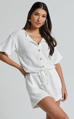 Edeline Playsuit - Button Front Short Sleeve Drawstring Waist in Off White