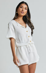 Edeline Playsuit - Button Front Short Sleeve Drawstring Waist in Off White