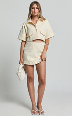 Edina Two Piece Set - Button Front Crop Top and A Line Mini Skirt in Off White