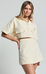 Edina Two Piece Set - Button Front Crop Top and A Line Mini Skirt in Off White