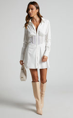 Elenina Mini Dress - Corset Waist Shirt Dress in White