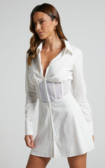 Elenina Mini Dress - Corset Waist Shirt Dress in White