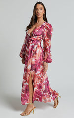 Emilee Midi Dress - Side Cut Out Long Sleeve Plunge Dress in Purple Floral