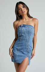 Erline Mini Dress - Asymmetric Strapless Denim Dress in Blue Wash