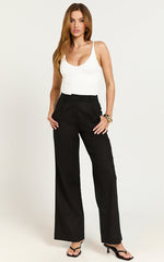 Esme Linen Blend Pants - Mid Waist Straight Leg Pants in Black