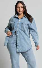 Faharra Shirt - Recycled Cotton Denim Shirt in Mid Blue Acid Wash