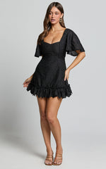 Fancy A Spritz Mini Dress - Square Neck Dress in Black Embroidery