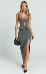 Fiona Midi Skirt - Pinstripe Bodycon Side Leg Split Workwear Skirt in Dark Grey