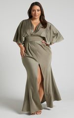 Gemalyn Midi Dress - Angel Sleeve V Neck Split Dress in Olive