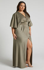 Gemalyn Midi Dress - Angel Sleeve V Neck Split Dress in Olive