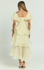 Giselle Midi Dress - Short Puff Sleeve Front Cut Out Layered Dress in Lemon