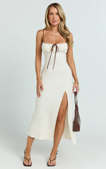 Gwen Midi Linen Blend Dress - Strapped Ruched Bodice Bias Dress in Cream
