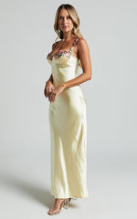 Harmony Maxi Dress - Floral Detail Cup Bust Satin Dress in Lemon