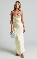 Harmony Maxi Dress - Floral Detail Cup Bust Satin Dress in Lemon