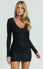 Harvey Mini Dress - Stretch Lace Scoop Neck Long Sleeve Bodycon Dress in Black
