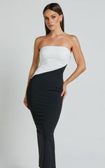 Hayley Midi Dress - Strapless Bodycon Dress in Black/White