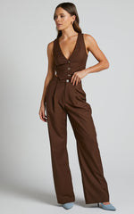 Izara Vest - V Neck Button Up Cropped Vest in Chocolate