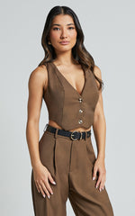 Izara Vest - V Neck Button Up Cropped Vest in Oak