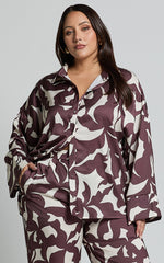 Janissa Shirt - Long Sleeve Satin Shirt in Brown Floral