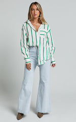 Jaycey Shirt - Long Sleeve Pocket Detail Shirt in WHITE AND GREEN STRIPE