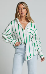 Jaycey Shirt - Long Sleeve Pocket Detail Shirt in WHITE AND GREEN STRIPE