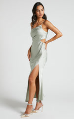 Jaylani Midi Dress - One Shoulder Thigh Split Gathered Satin Dress in Sage