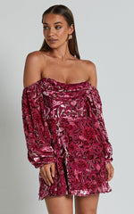 Jessell Mini Dress - Long Sleeve Cowl Corset Dress in Pink Floral Burnout