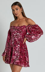 Jessell Mini Dress - Long Sleeve Cowl Corset Dress in Pink Floral Burnout