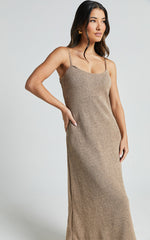 Jessie Midi Dress - Knitted Strappy Scoop Neck Slip Dress in Mushroom
