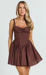 Jonas Mini Dress - Corset Ruched Lace Trim Dress in Chocolate