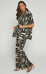 Karla Two Piece Set - Button Up Shirt and Wide Leg Pants Set in Black & Sand Print