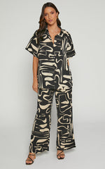 Karla Two Piece Set - Button Up Shirt and Wide Leg Pants Set in Black & Sand Print