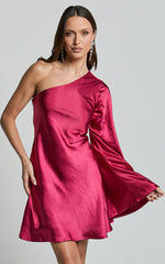 Karla Mini Dress - One Shoulder Long Sleeve Dress in Berry
