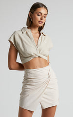 Kiandra Mini Skirt - Linen Look Twist Front Skirt in Beige