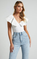 Kimber Bodysuit - V Neck Frill Bodysuit in White
