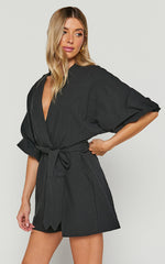 Kiro Playsuit - Linen V Neck Puff Sleeve Tie Waist Playsuit in Black