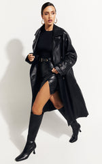 Vicki Trench Coat - Faux Leather Washed Trench Coat in Black