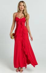 Lacie Midi Dress - V Neck Bias Cut Ruffle Tie Front Dress in Red