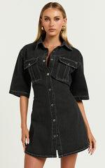 Leilani Mini Dress - Denim Short Sleeve Button Up Dress with Gold Hardware in Washed Black