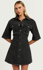 Leilani Mini Dress - Denim Short Sleeve Button Up Dress with Gold Hardware in Washed Black