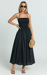 Lita Midi Dress - Shirred Bodice Halter Dress in Black