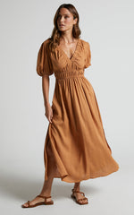 Lorella Midi Dress - Puff Sleeve Plunge Neck Dress in Butterscotch