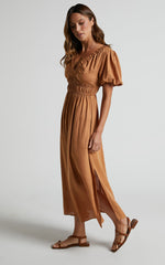 Lorella Midi Dress - Puff Sleeve Plunge Neck Dress in Butterscotch