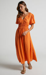 Lorella Midi Dress - Puff Sleeve Plunge Neck Dress in Orange