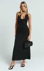 Lorvie Midi Dress - Halter Plunge A Line Dress in Black