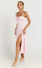 Maiya Midi Dress - Tie Front Fitted Bodice Dress in Soft Pink