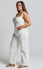 Malcolm Jeans - Mid Rise Contrast Stitch Flared Denim Jeans in White Denim