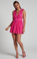 Mariabella Mini Dress - Tulle Plunge Dress in Hot Pink